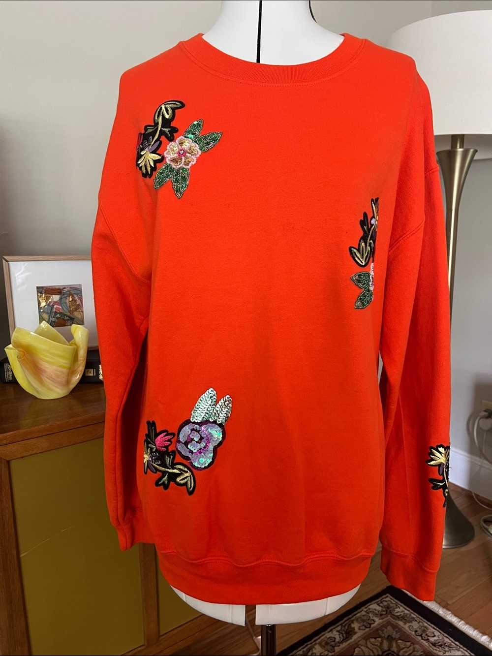 Topshop Orange Crewneck Sweater with Floral Sequin Patches